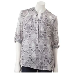 Apt. 9 Large Snakeprint Chiffon Henley Roll Tab Blouse Top‎ Shirt Gray